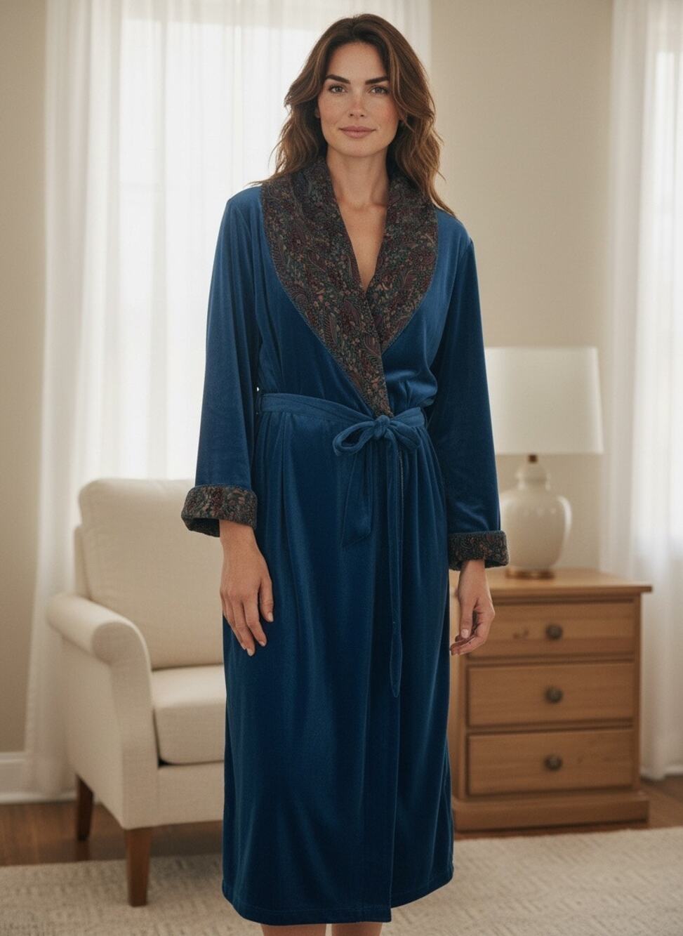Vintage Kimberly Gale Blue Velvet Midi Wrap Robe Size XL